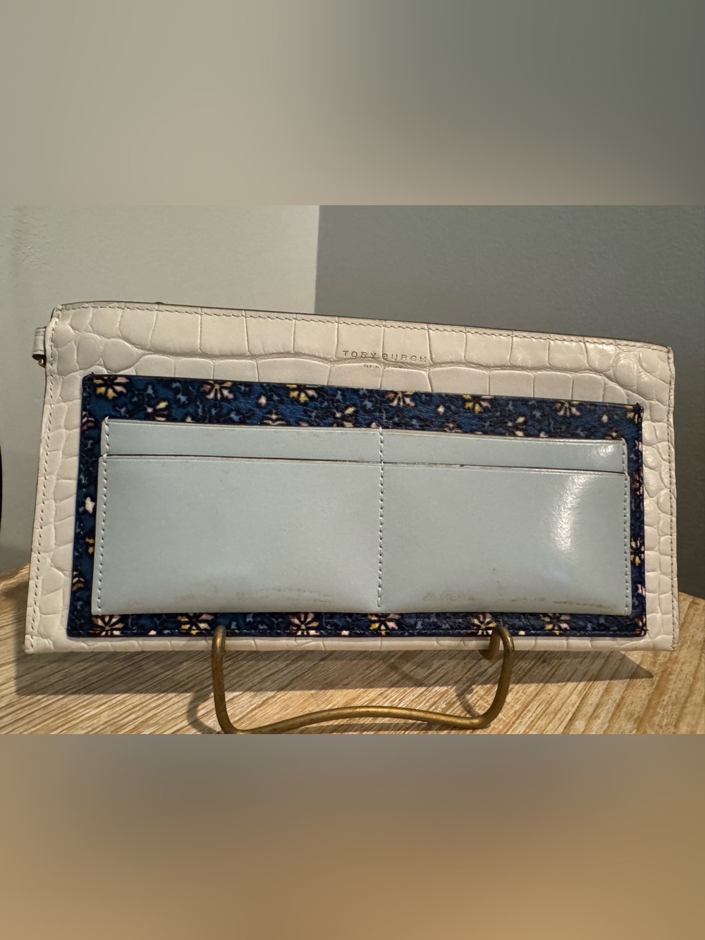 Tory Burch White Croc-Embossed Floral Trim Wallet